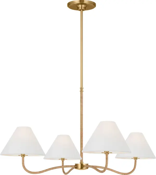 Chapman & Myers's Laguna chandelier blends eclectic nautical charm with rustic sophistication. The natural woven frame wrapped around curving arms creates organic texture, while burnished brass accents add warmth and refinement. - alternate view