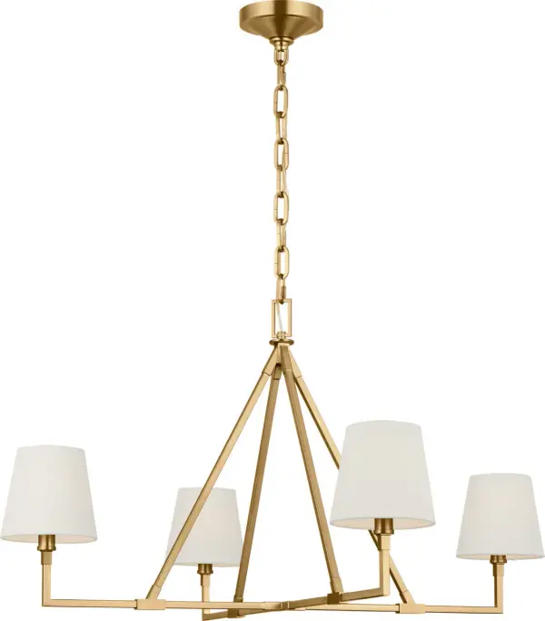 The Perth Extra Large Chandelier combines contemporary geometric lines with timeless brass warmth. Angular arms and tapered linen shades create dramatic visual interest while casting inviting ambient light perfect for large dining and living spaces.