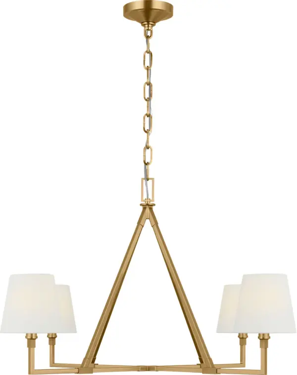 The Perth Extra Large Chandelier combines contemporary geometric lines with timeless brass warmth. Angular arms and tapered linen shades create dramatic visual interest while casting inviting ambient light perfect for large dining and living spaces. - alternate view