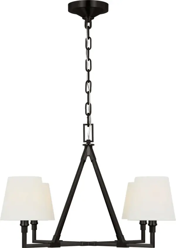 The Perth Medium Chandelier combines modern geometry with transitional elegance. Angular arms and tapered linen shades create soft ambient lighting, while the aged iron finish adds industrial refinement. Damp-rated versatility makes it suitable for both indoor and covered outdoor spaces.