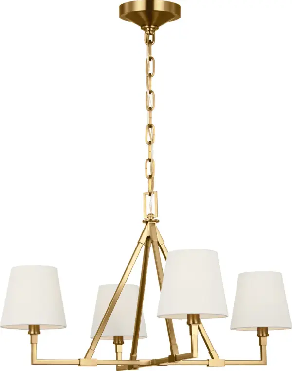 The Perth Medium Chandelier combines modern geometry with transitional warmth through its angular arms and tapered linen shades. Damp-rated construction allows placement in covered outdoor areas, while burnished brass finish adds timeless sophistication.