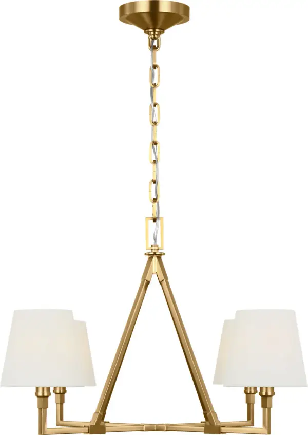 The Perth Medium Chandelier combines modern geometry with transitional warmth through its angular arms and tapered linen shades. Damp-rated construction allows placement in covered outdoor areas, while burnished brass finish adds timeless sophistication. - alternate view