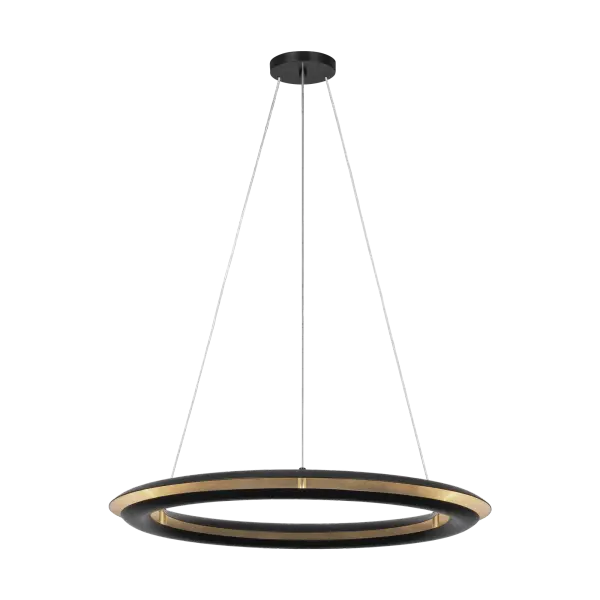 The Cielo chandelier by Chapman & Myers features a distinctive convex ring profile that creates a soft, halo-like ambient glow. Its concealed LED light source shines upward, reflecting off gilded interior surfaces for sophisticated illumination.