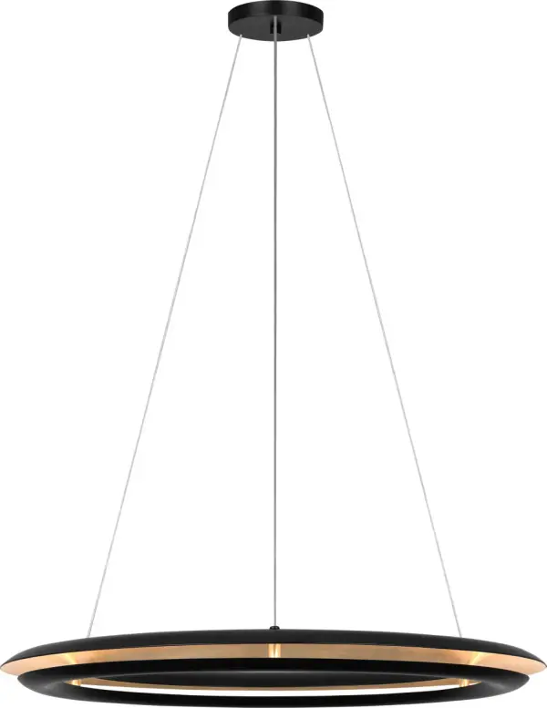 The Cielo chandelier by Chapman & Myers features a distinctive convex ring profile that creates a soft, halo-like ambient glow. Its concealed LED light source shines upward, reflecting off gilded interior surfaces for sophisticated illumination. - alternate view