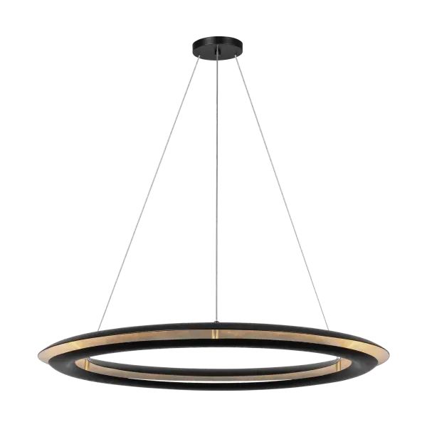 The Cielo Large Chandelier delivers sophisticated modern lighting with its convex ring profile and concealed LED source. The gilded interior reflects light upward for a soft halo effect, while delicate steel cables create an elegant floating appearance.
