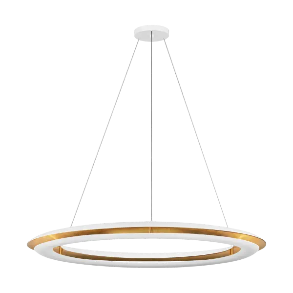 The Cielo Large Chandelier delivers sophisticated modern lighting with its distinctive convex ring profile and soft upward-shining LED glow. The gilded interior surfaces create a warm halo effect while the matte white finish provides clean contemporary appeal.