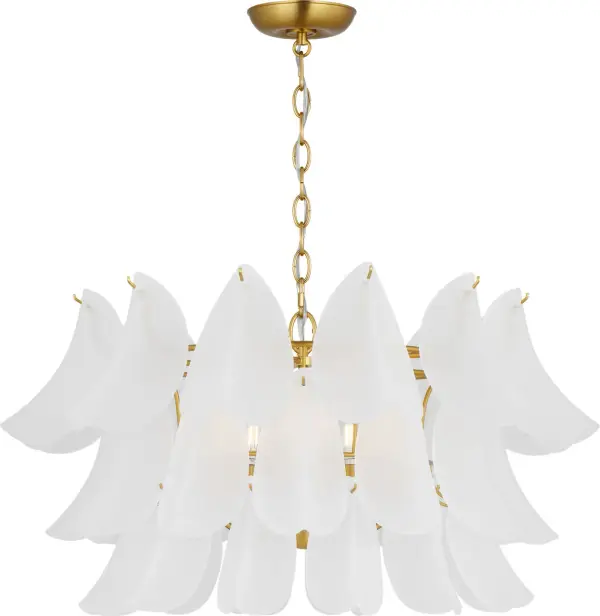 The Chloe 32" Chandelier transforms spaces with its botanical-inspired design featuring tiers of custom white cased glass petals. Its substantial 31-inch scale and refined Burnished Brass finish create a stunning focal point that balances organic beauty with architectural sophistication.
