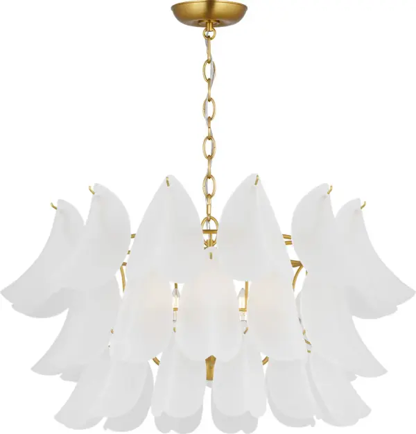 The Chloe 32" Chandelier transforms spaces with its botanical-inspired design featuring tiers of custom white cased glass petals. Its substantial 31-inch scale and refined Burnished Brass finish create a stunning focal point that balances organic beauty with architectural sophistication. - alternate view
