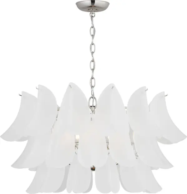 The Chloe 32" Chandelier transforms spaces with its botanical-inspired design featuring tiers of custom white cased glass petals. This statement piece by Chapman & Myers balances organic beauty with architectural refinement, creating soft ambient lighting perfect for formal and living spaces.
