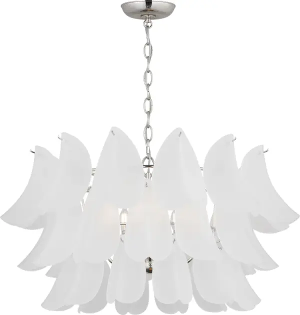The Chloe 32" Chandelier transforms spaces with its botanical-inspired design featuring tiers of custom white cased glass petals. This statement piece by Chapman & Myers balances organic beauty with architectural refinement, creating soft ambient lighting perfect for formal and living spaces. - alternate view