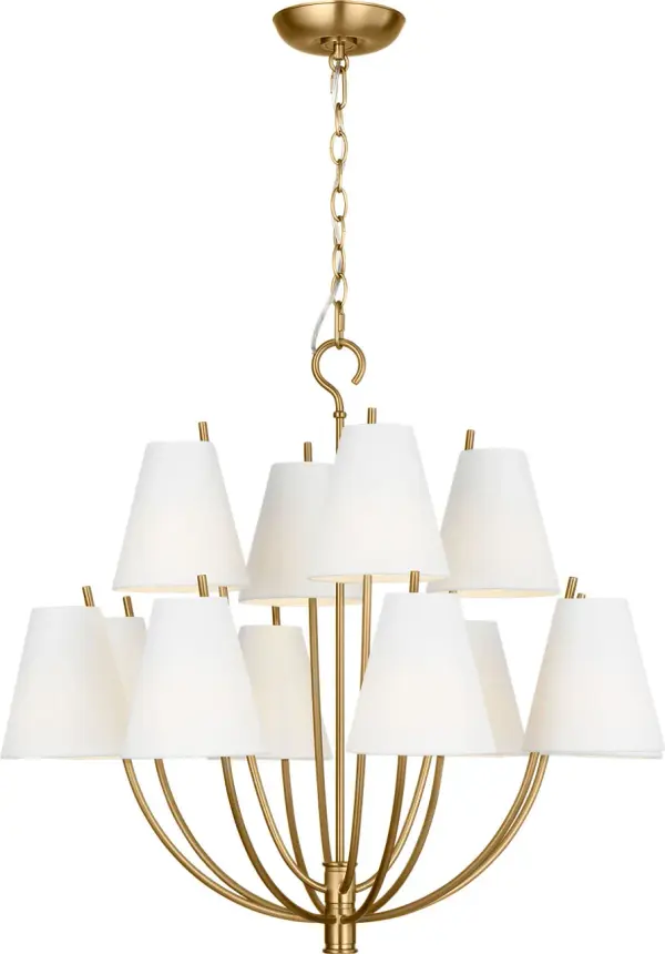 The Marina 30" Chandelier transforms coastal inspiration into refined sophistication. Its boat hull-inspired silhouette and two-tier arm design create dimensional drama, while the burnished brass finish adds warmth and timeless appeal. - alternate view