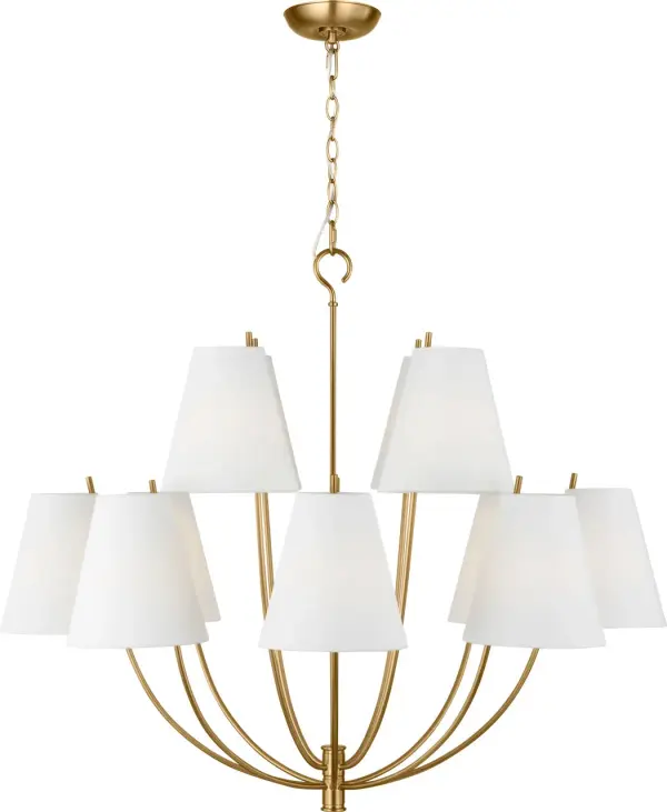 The Marina 40" Chandelier transforms maritime inspiration into refined lighting with its boat hull-inspired frame and distinctive two-tiered arms that extend through and above the shade. Perfect for grand spaces requiring commanding presence.