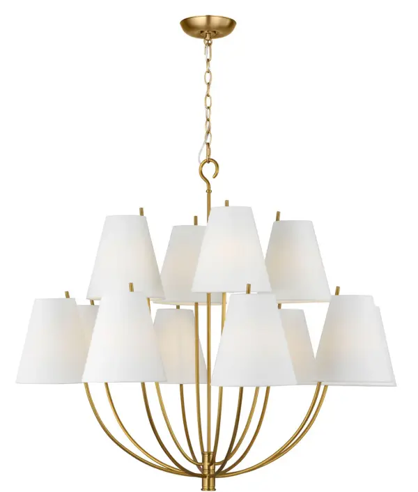 The Marina 40" Chandelier transforms maritime inspiration into refined lighting with its boat hull-inspired frame and distinctive two-tiered arms that extend through and above the shade. Perfect for grand spaces requiring commanding presence. - alternate view