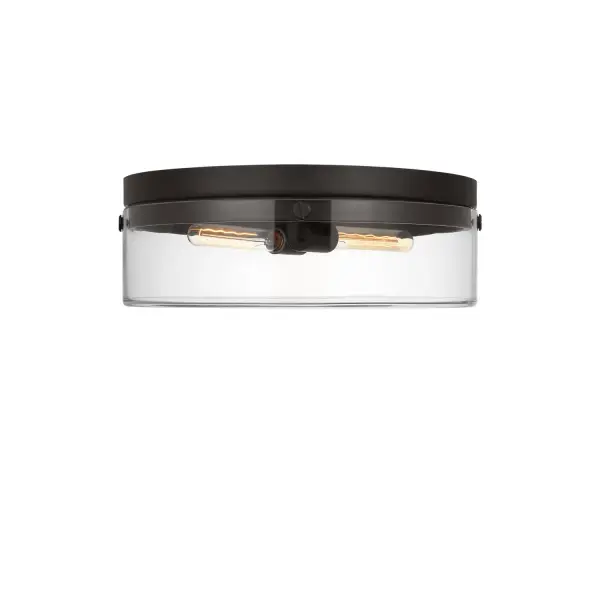 The Garrett flush mount combines industrial hardware with sophisticated simplicity. Clear extruded glass cylinders paired with aged iron create a striking yet refined look perfect for modern and transitional spaces.