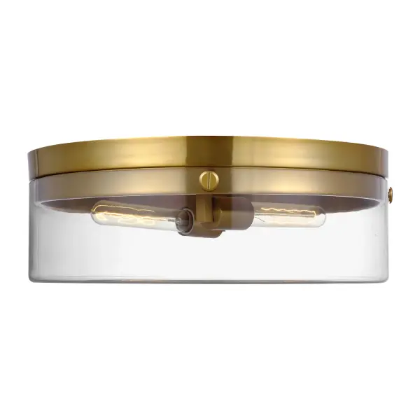 The Garrett flush mount delivers sophisticated industrial style with its burnished brass hardware and clear glass cylinders. Perfect for spaces needing both ample light and design impact without sacrificing ceiling height.
