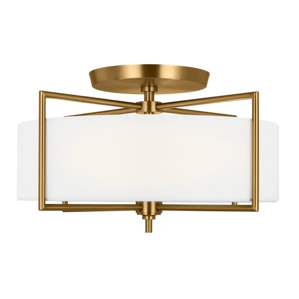 Inspired by vintage French design, the Perno semi-flush mount combines a clean cruciform metal frame with a cylindrical glass shade. The burnished brass finish adds warmth while the minimal structure keeps sightlines open.