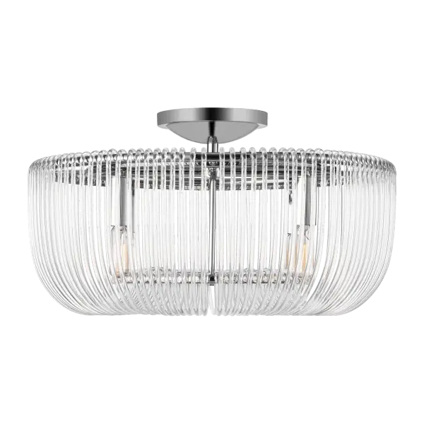 The Pierce Medium Flush Mount reimagines traditional crystal basket chandeliers with individually bent acrylic rods that create a scintillating light display. Perfect for spaces needing ceiling clearance without sacrificing elegance.