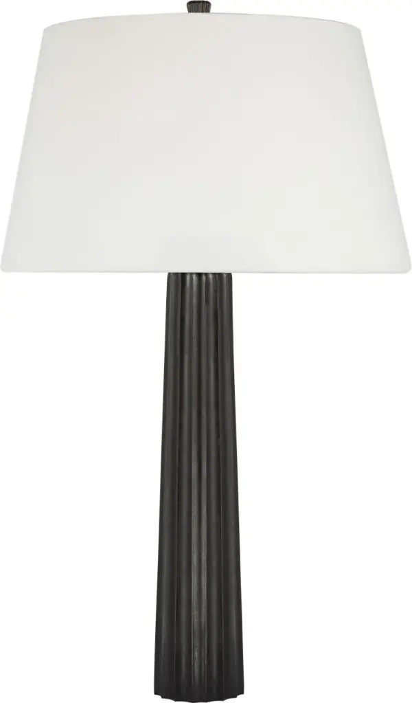 The Fluted Spire combines sophisticated architectural detailing with modern cordless technology. Its aged iron finish and classic linen shade create timeless appeal, while battery operation offers placement flexibility. - alternate view