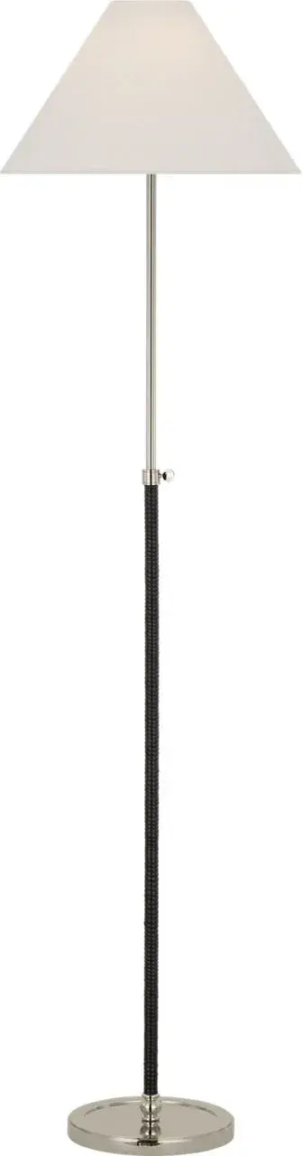 The Basden floor lamp combines polished nickel with natural black rattan accents and a linen shade for a refined coastal-transitional aesthetic. At 57 inches, it provides substantial presence with adjustable functionality.