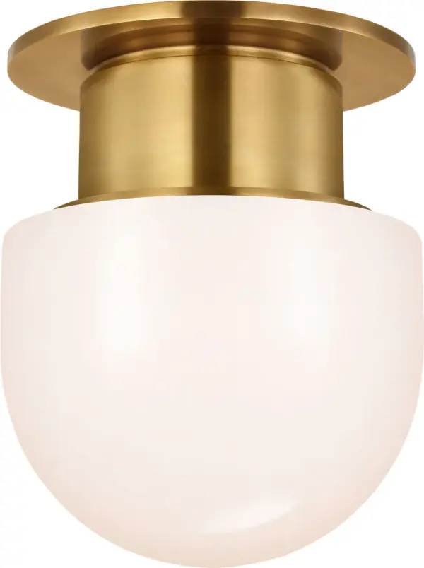 The Callan 8" flush mount combines timeless antique-burnished brass with a clean white glass dome, delivering sophisticated illumination in a compact profile perfect for smaller spaces and low ceilings.