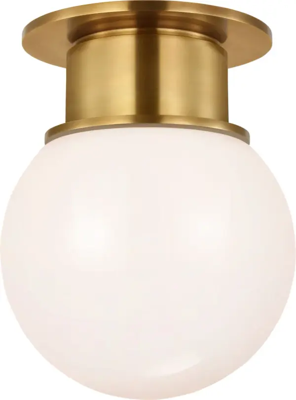 The Callan 9" Flush Mount combines classic antique-burnished brass with a clean white glass globe, delivering sophisticated lighting in a compact profile perfect for smaller spaces and low ceilings.