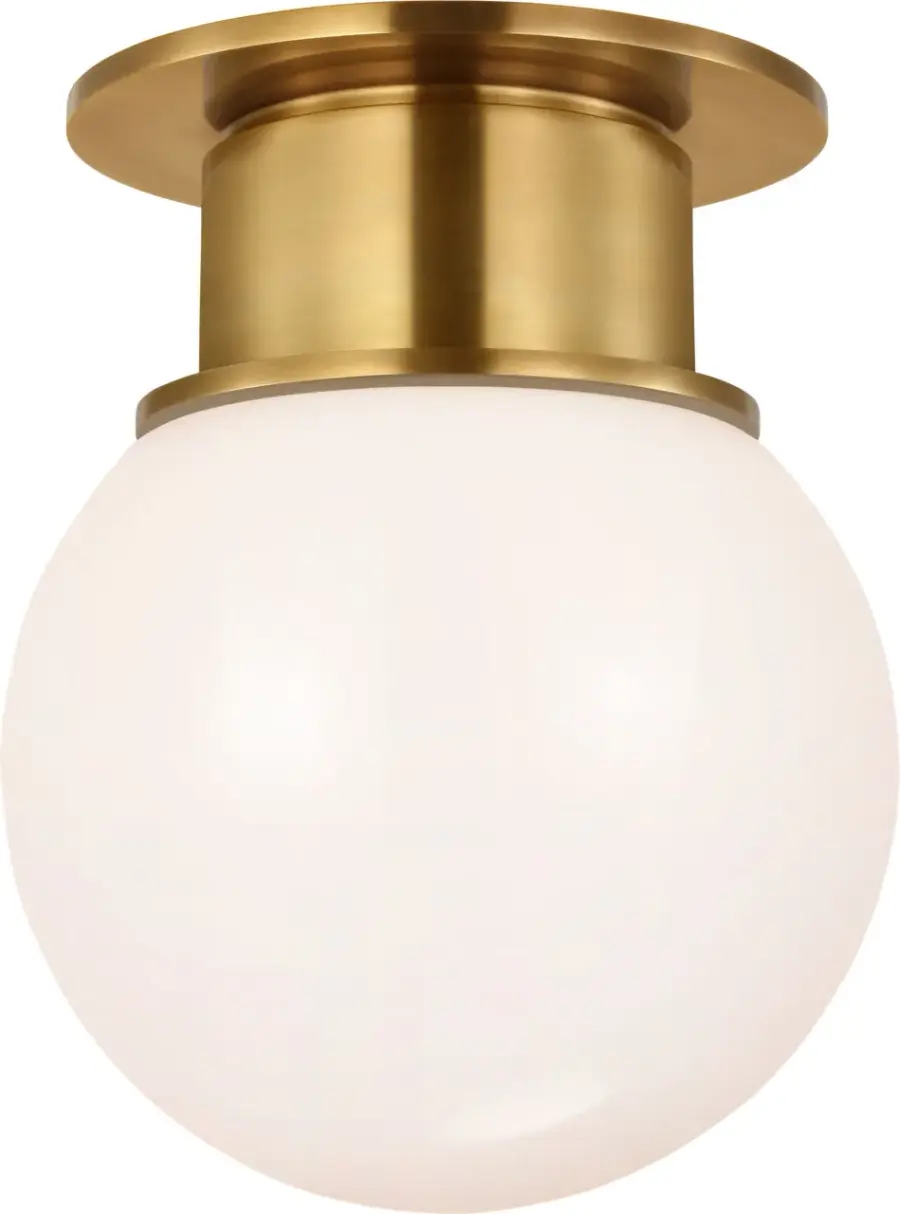 Callan 9" Flush Mount in Antique-Burnished Brass with White Glass Globe - Image 1