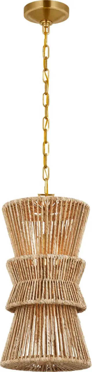 The Antigua pendant brings organic warmth through handwoven natural abaca paired with antique-burnished brass. Its 11-inch scale makes it perfect for intimate spaces or grouped installations over islands.