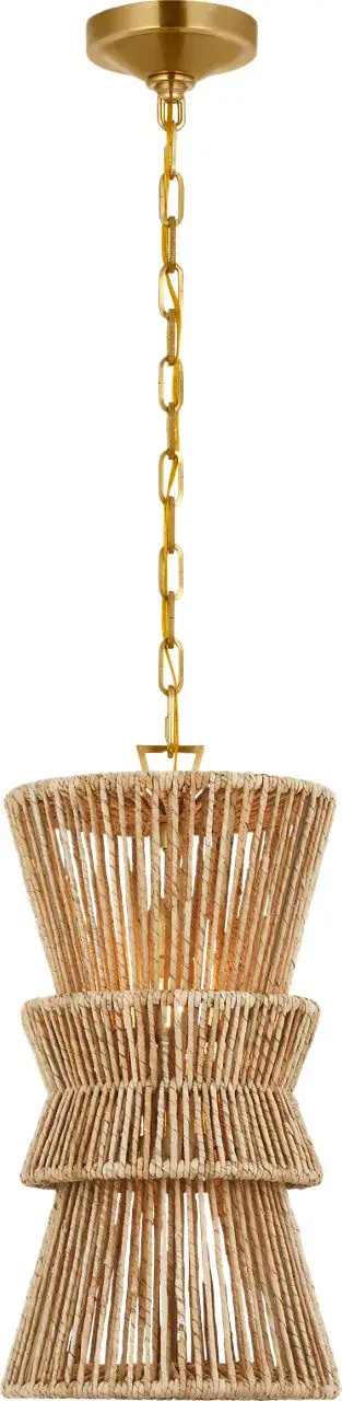 The Antigua pendant brings organic warmth through handwoven natural abaca paired with antique-burnished brass. Its 11-inch scale makes it perfect for intimate spaces or grouped installations over islands. - alternate view