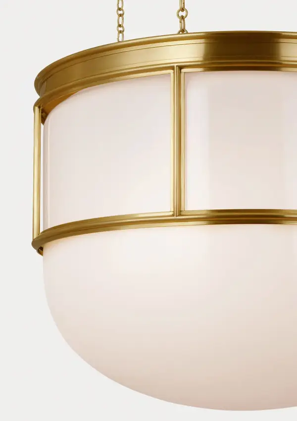 The Martil 24" Lantern combines classic lantern styling with sophisticated antique-burnished brass and white glass panels. Its substantial size makes a commanding statement in foyers and dining rooms. - alternate view