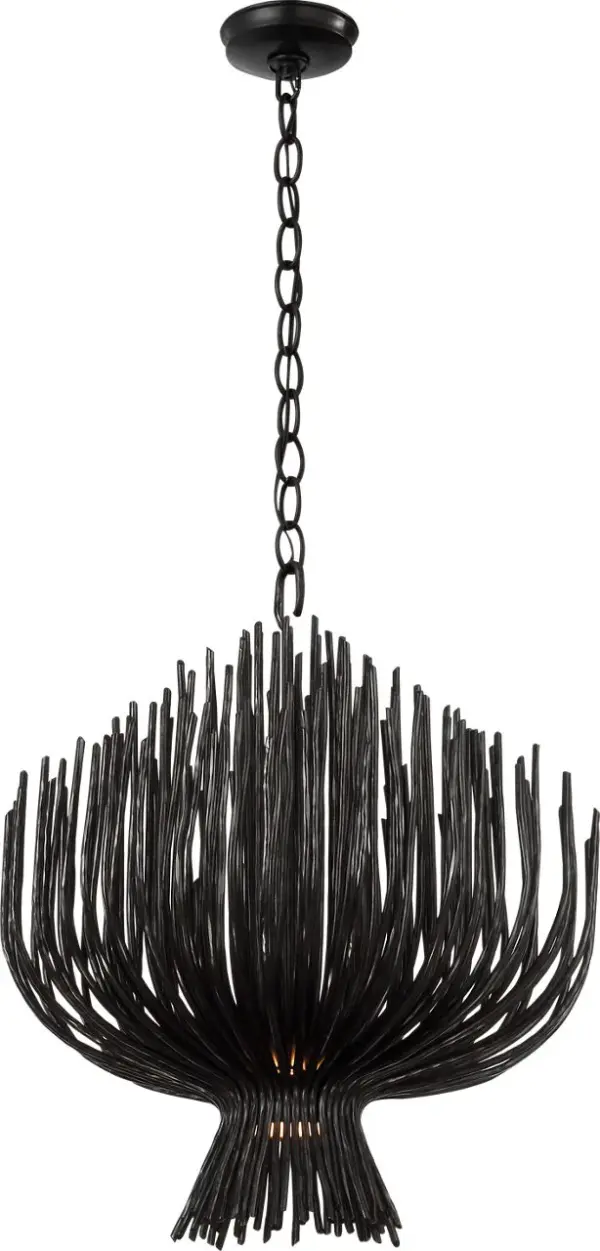 The Astra chandelier combines contemporary design with artisanal metalwork, featuring a 24-inch sculpted iron frame in an aged finish. Its architectural form creates dramatic visual interest while maintaining versatility across modern interiors. - alternate view