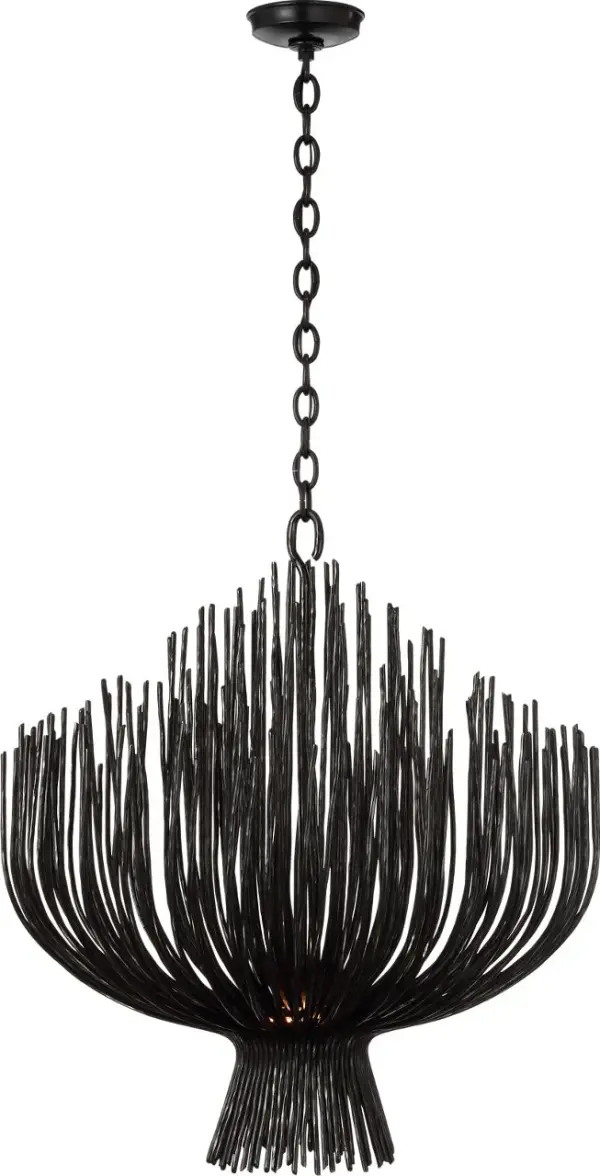 The Astra chandelier commands attention with its bold 32-inch sculptural form in aged iron. This contemporary fixture combines artistic design with substantial scale, making it perfect for spaces that demand a dramatic focal point.