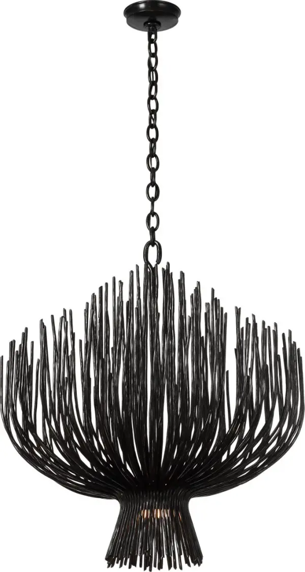 The Astra chandelier commands attention with its bold 32-inch sculptural form in aged iron. This contemporary fixture combines artistic design with substantial scale, making it perfect for spaces that demand a dramatic focal point. - alternate view