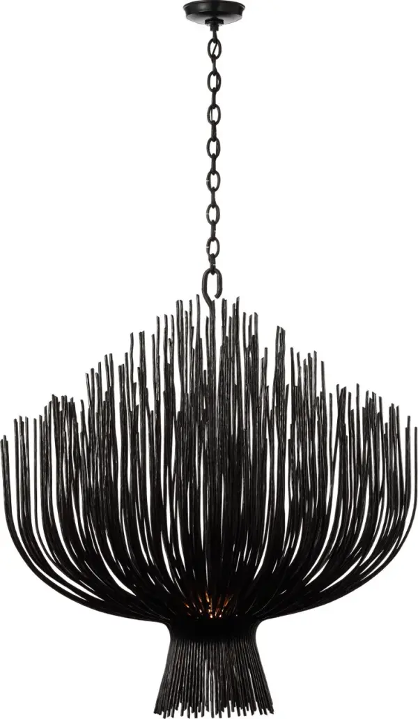 The Astra chandelier commands attention with its substantial 42-inch diameter and sculptural aged iron finish. This oversized fixture brings architectural drama and contemporary sophistication to grand spaces.