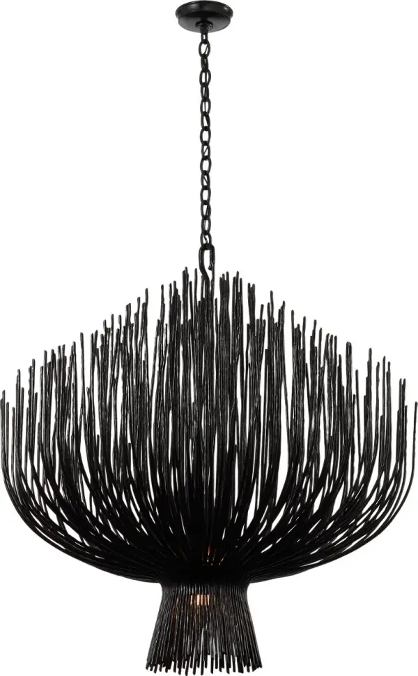 The Astra chandelier commands attention with its substantial 42-inch diameter and sculptural aged iron finish. This oversized fixture brings architectural drama and contemporary sophistication to grand spaces. - alternate view