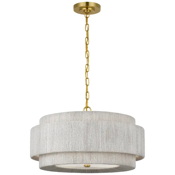 The Dorado chandelier combines antique-burnished brass with woven abaca for a sophisticated coastal aesthetic. At 24 inches, it offers substantial presence while maintaining versatility across dining and living spaces. - alternate view