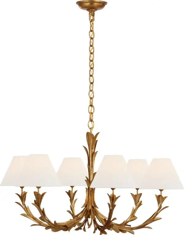 The Provenz chandelier combines classic French design with refined gold finish and soft linen shades. At 32 inches wide with 6 lights, it delivers substantial presence while maintaining elegant proportions for traditional and transitional spaces.