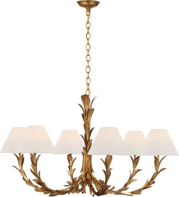 The Provenz chandelier brings sophisticated European elegance with its 42-inch linear design, French Gild finish, and soft linen shades. Six lights provide ample illumination while the traditional styling adds warmth and refinement to dining spaces.