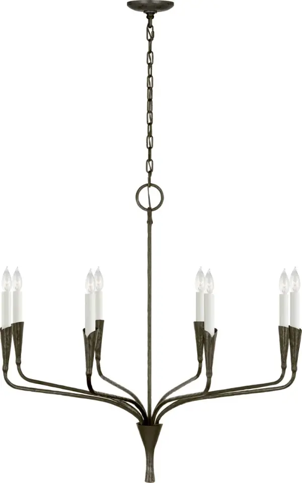 The Aiden 40" chandelier commands attention with its substantial scale and authentic aged iron finish. Perfect for large dining rooms and grand entryways, this single-tier design balances industrial edge with transitional elegance.