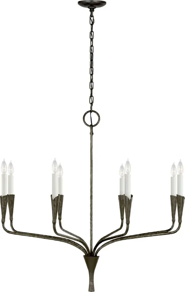 The Aiden 40" chandelier commands attention with its substantial scale and authentic aged iron finish. Perfect for large dining rooms and grand entryways, this single-tier design balances industrial edge with transitional elegance. - alternate view