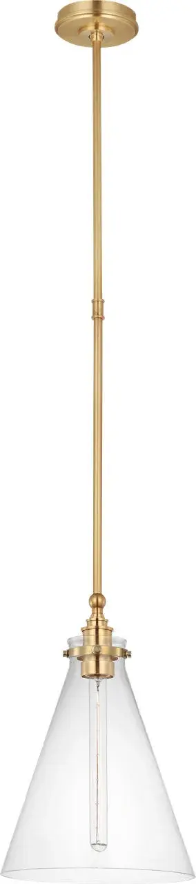 The Parkington 11" pendant combines traditional craftsmanship with transitional appeal. Its antique-burnished brass finish and clear glass conical shade create warm, inviting illumination perfect for intimate dining spaces and kitchen islands.