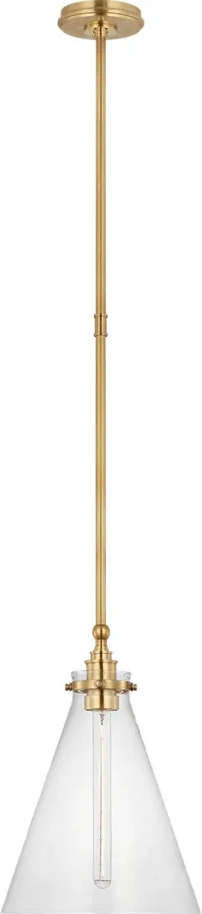 The Parkington 11" pendant combines traditional craftsmanship with transitional appeal. Its antique-burnished brass finish and clear glass conical shade create warm, inviting illumination perfect for intimate dining spaces and kitchen islands. - alternate view