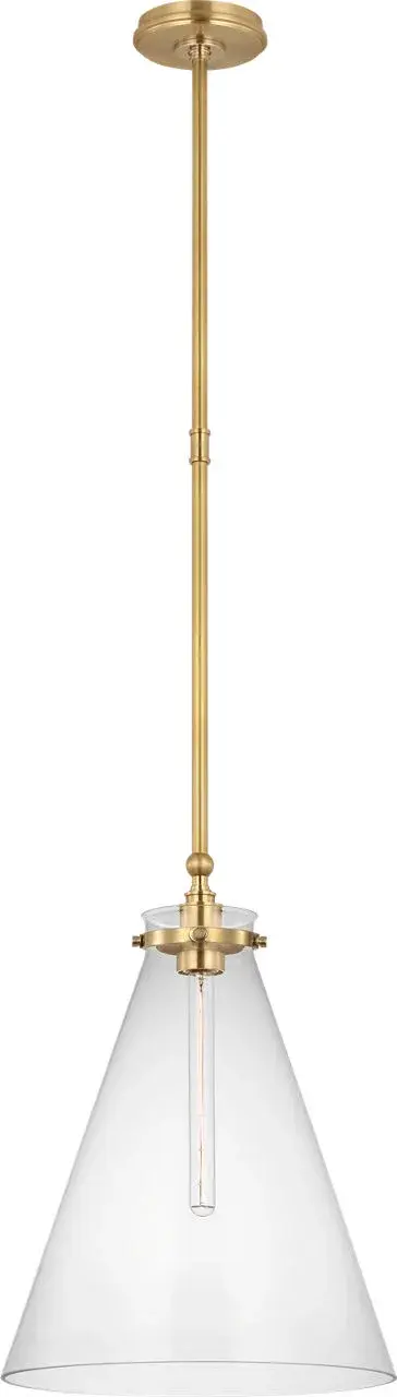 The Parkington 15" Conical Pendant combines traditional craftsmanship with transitional appeal. Its antique-burnished brass finish and clear glass conical shade create warm, inviting illumination perfect for dining areas and kitchen islands. - alternate view