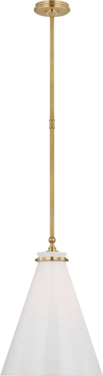 The Parkington pendant combines timeless conical form with antique-burnished brass and white glass for versatile elegance. Its 15-inch diameter provides substantial presence without overwhelming spaces.