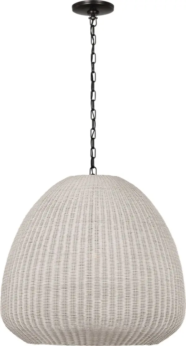 The Kokomo 30" pendant brings natural warmth through its handcrafted chalk wicker shade paired with bronze hardware. Its substantial size makes it perfect for dining rooms and kitchen islands seeking coastal-inspired sophistication.