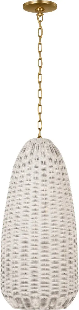 The Kokomo pendant brings organic texture and warmth through its handwoven chalk wicker shade paired with antique-burnished brass hardware. Its elongated 15" profile creates visual interest while maintaining an intimate scale perfect for smaller spaces.