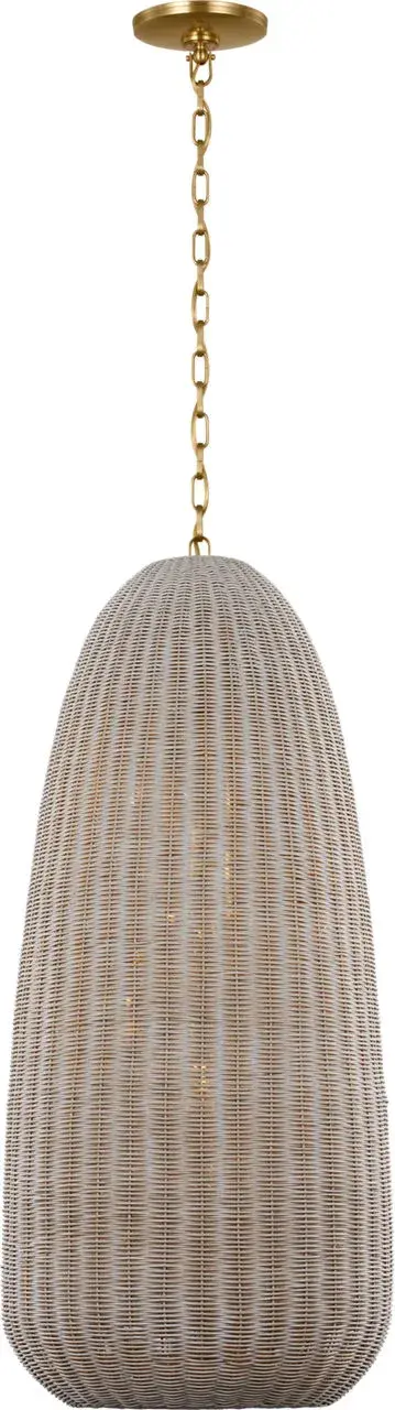 The Kokomo pendant brings natural texture and sophisticated coastal style with its handwoven ash wicker shade and antique brass finish. At 20 inches, it makes a statement without overwhelming, perfect for casual dining spaces and relaxed interiors.