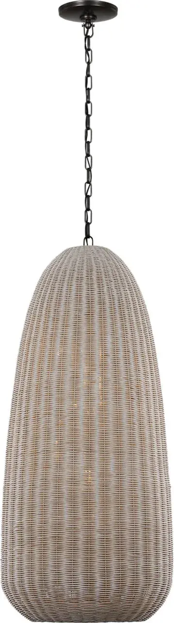 The Kokomo pendant brings natural warmth through handcrafted ash wicker paired with bronze hardware. Its elongated 20-inch profile creates visual interest while providing focused illumination perfect for dining and gathering spaces.