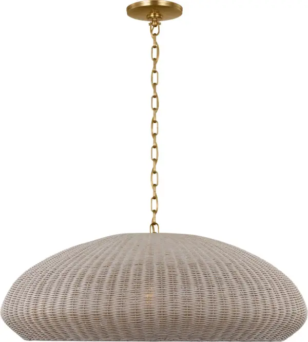 The Kokomo pendant brings coastal-inspired elegance with its handwoven ash wicker shade and antique brass finish. At 32 inches wide, it makes a bold statement while maintaining organic warmth perfect for modern interiors.
