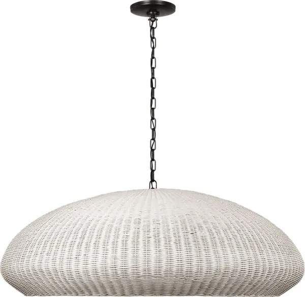 The Kokomo 44" pendant brings dramatic scale and organic texture to large spaces. Its handwoven chalk wicker shade creates warm, diffused light while the bronze frame adds refined structure to the coastal aesthetic.