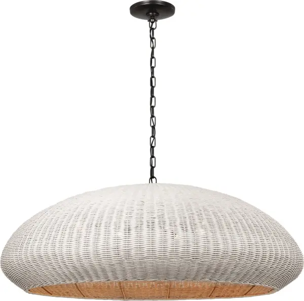 The Kokomo 44" pendant brings dramatic scale and organic texture to large spaces. Its handwoven chalk wicker shade creates warm, diffused light while the bronze frame adds refined structure to the coastal aesthetic. - alternate view